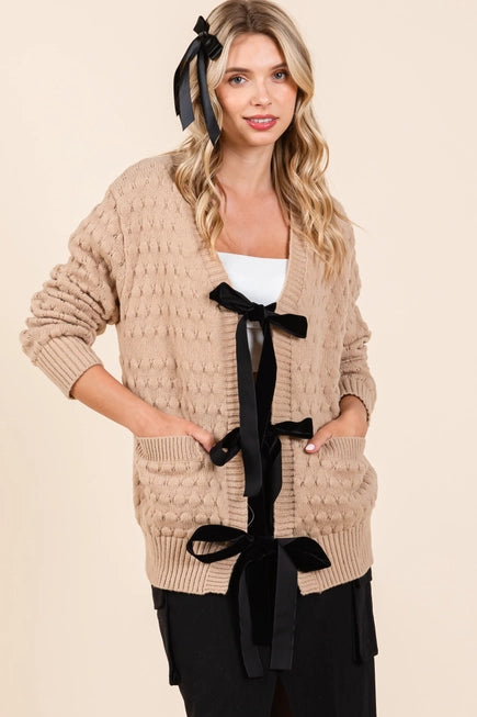 Bubble Knit Cardigan with Ribbon Tie