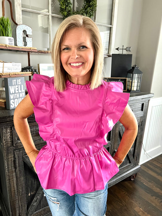 Hot Pink Faux Leather Peplum Top