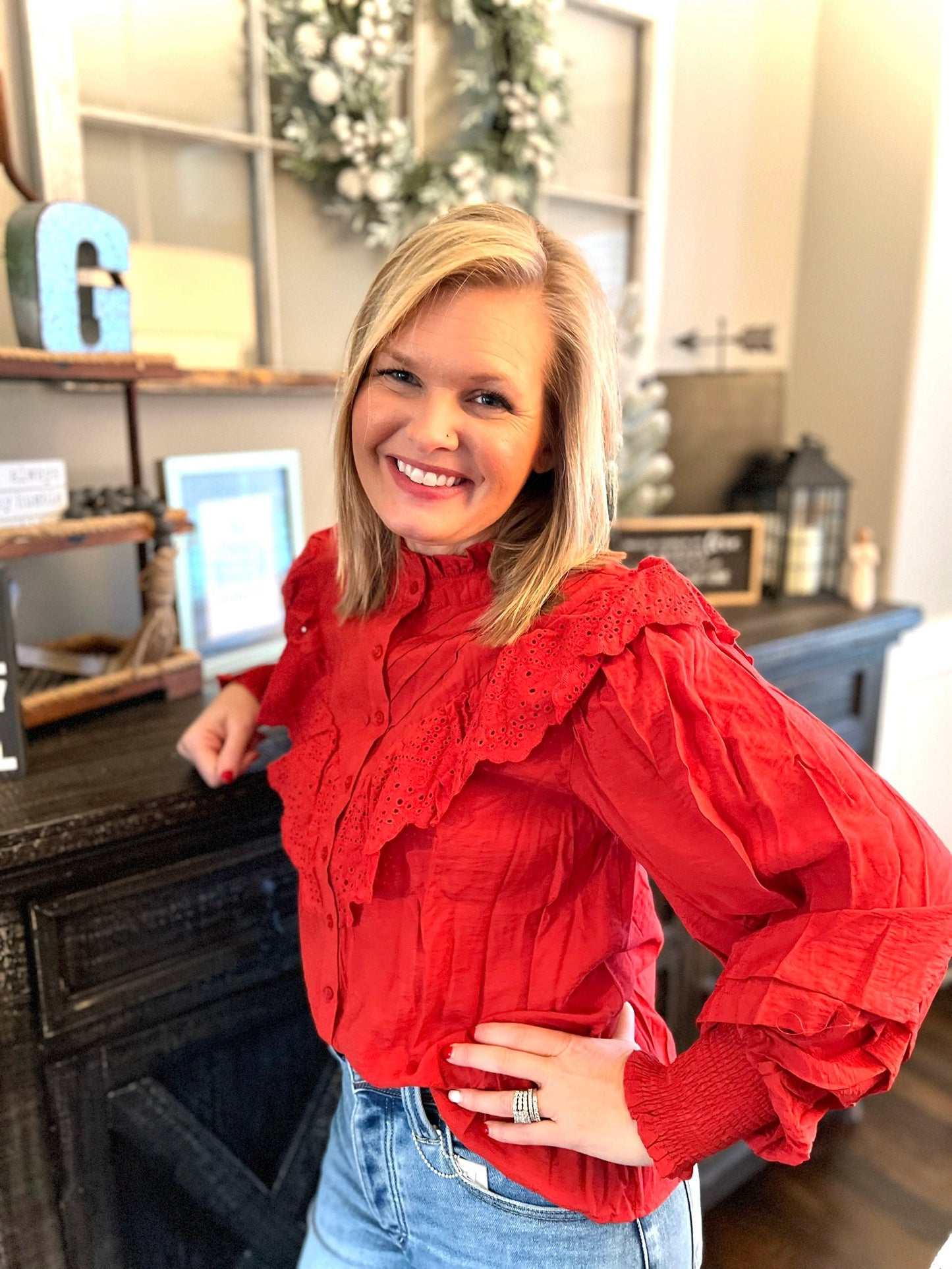 Red Button Up Ruffle Top