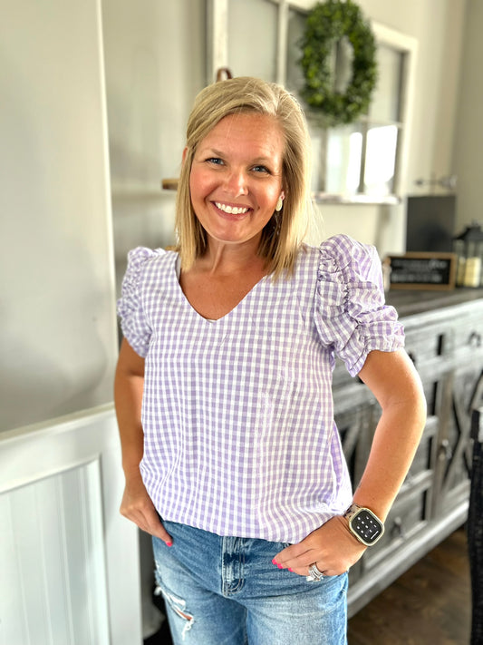 Lavender Gingham Puff Sleeve Top