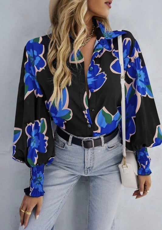 Blue Floral Button Top